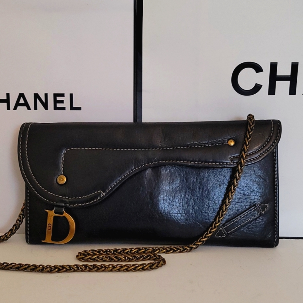 Dior Black Leather Chain Wallet with Gold D Charm